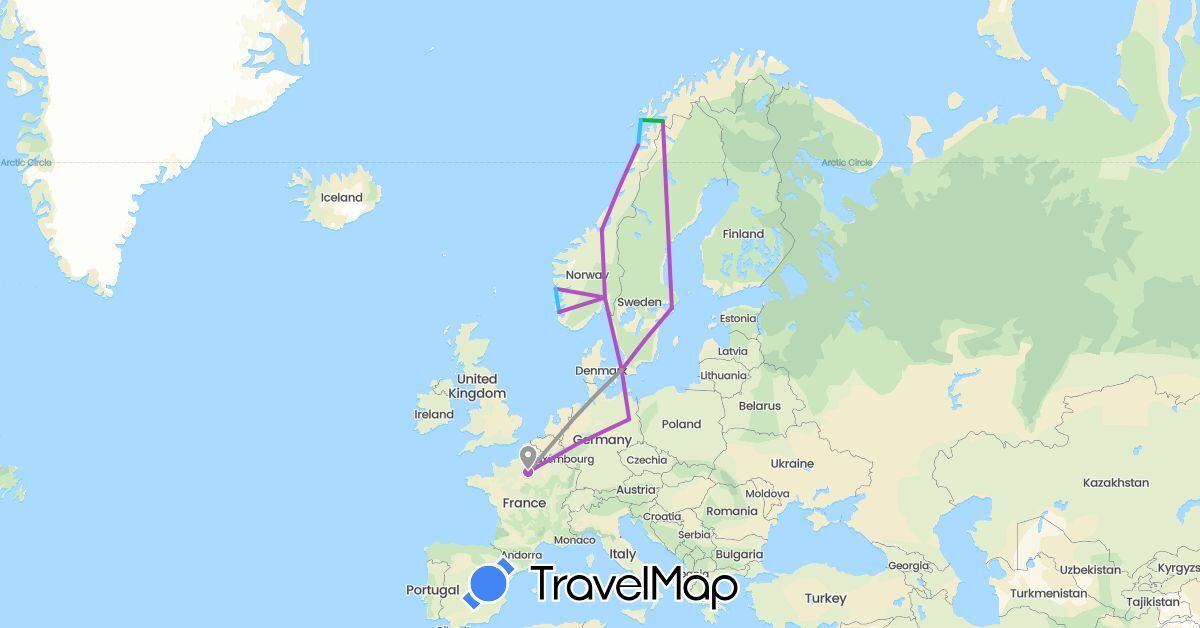 TravelMap itinerary: driving, bus, plane, train, boat in Germany, Denmark, France, Norway, Sweden (Europe)